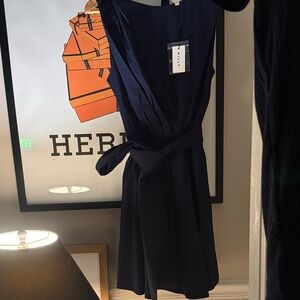 Milly Navy Sleeveless Belted Midi Dress with V-Neck